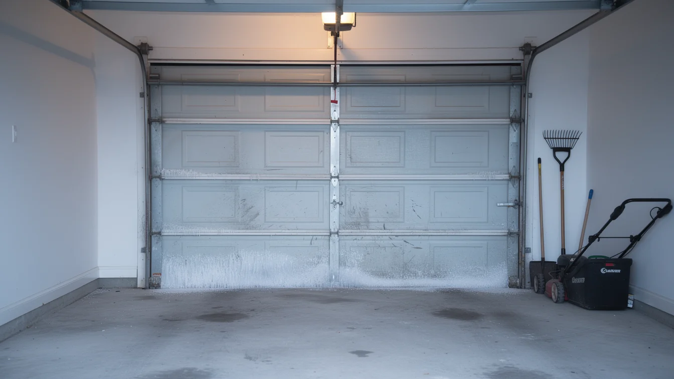 A closed white garage door with ice and dirt on the bottom panels.