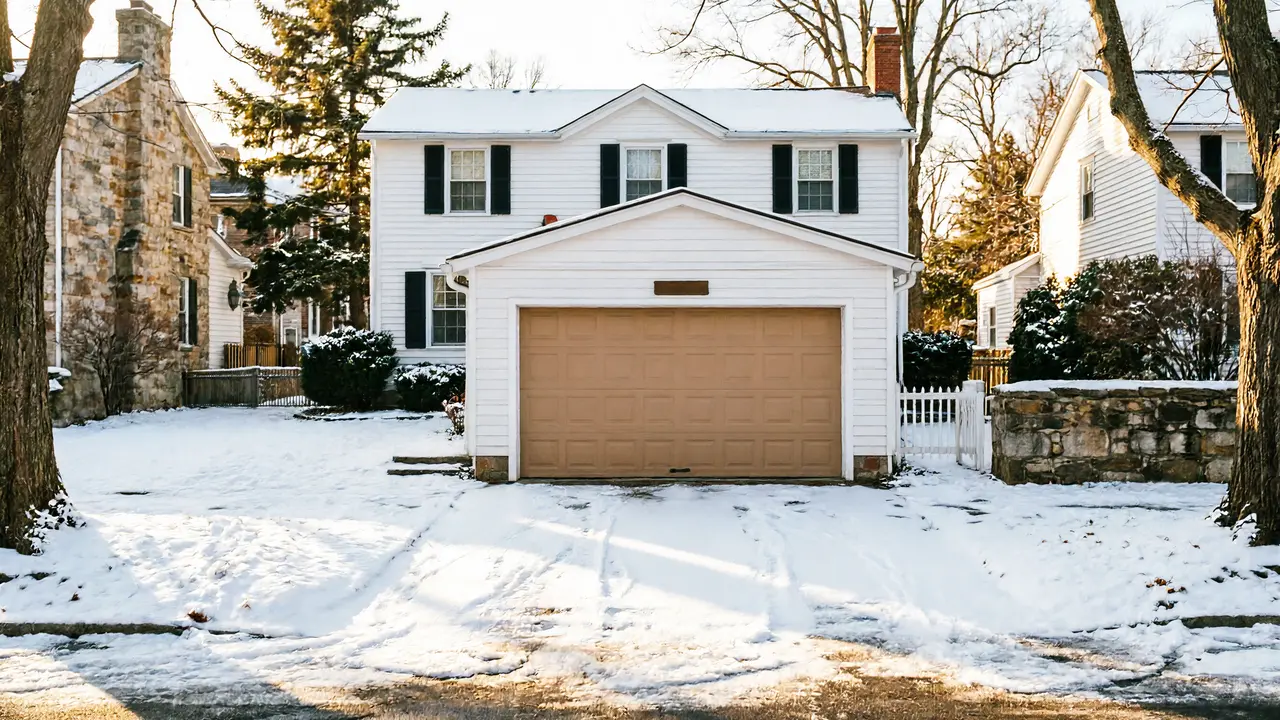 A white house with a brown garage door and a snow-covered driveway.