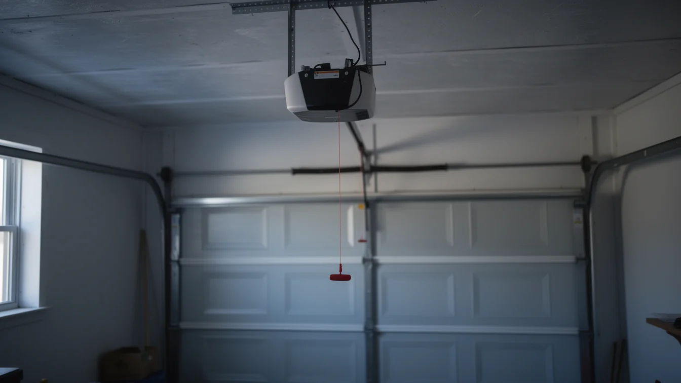 The garage door opener hangs from the ceiling above a closed white garage door.
