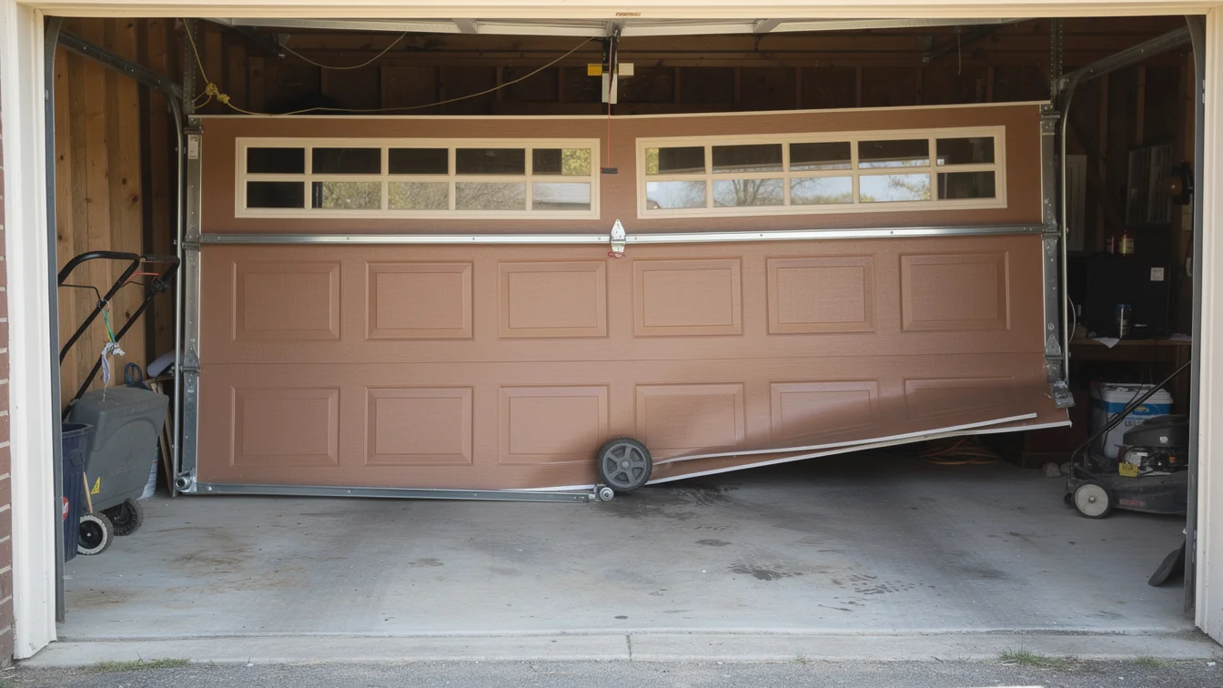 The brown garage door is off its tracks and bent at the bottom.